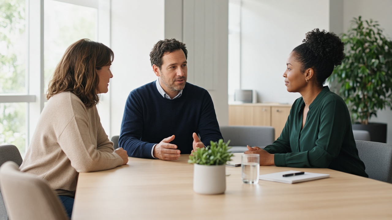 A small team talking in a bright office