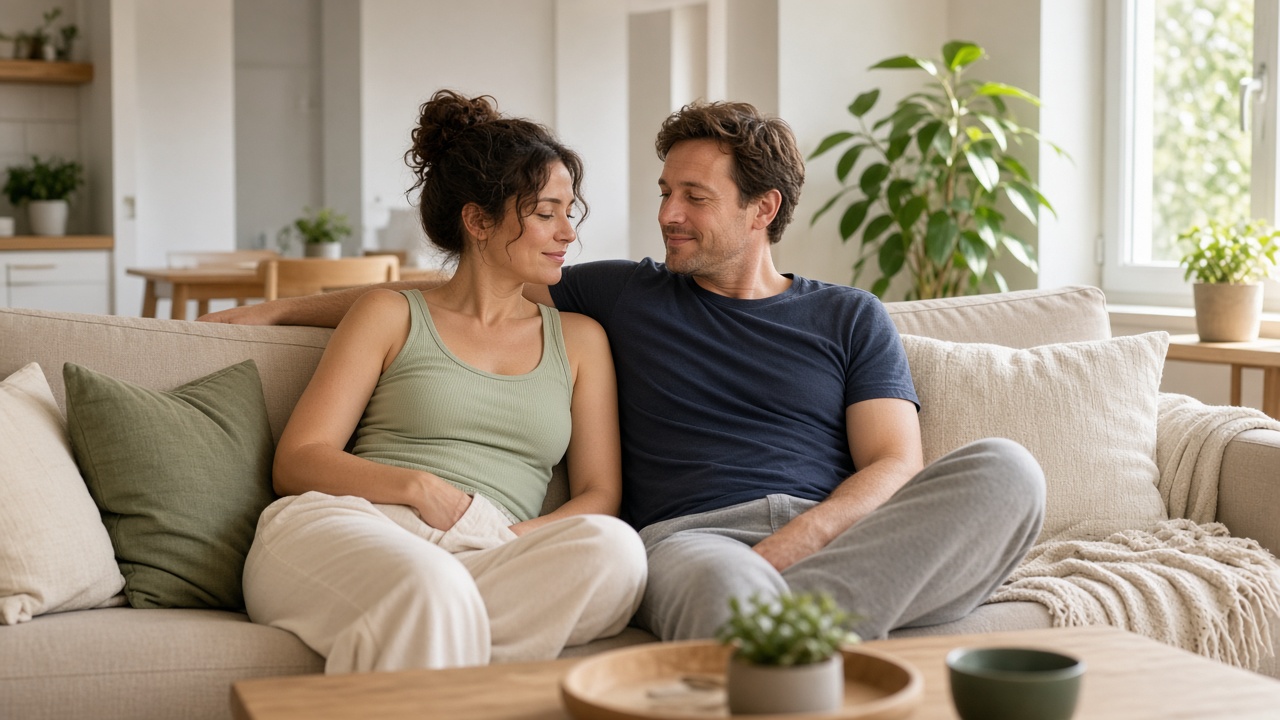 Two adults relaxing in a bright, tidy apartment